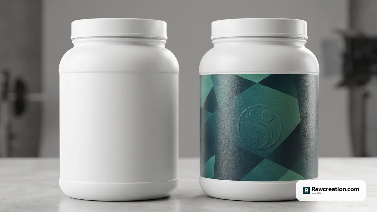 A plain white tub beside the same tub with a customer's own label: your brand on our formula